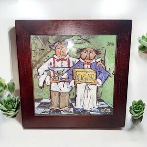 Vintage Framed Bartender Cigar Martini Art Tile – Signed by “Joanna” 8”x8”
